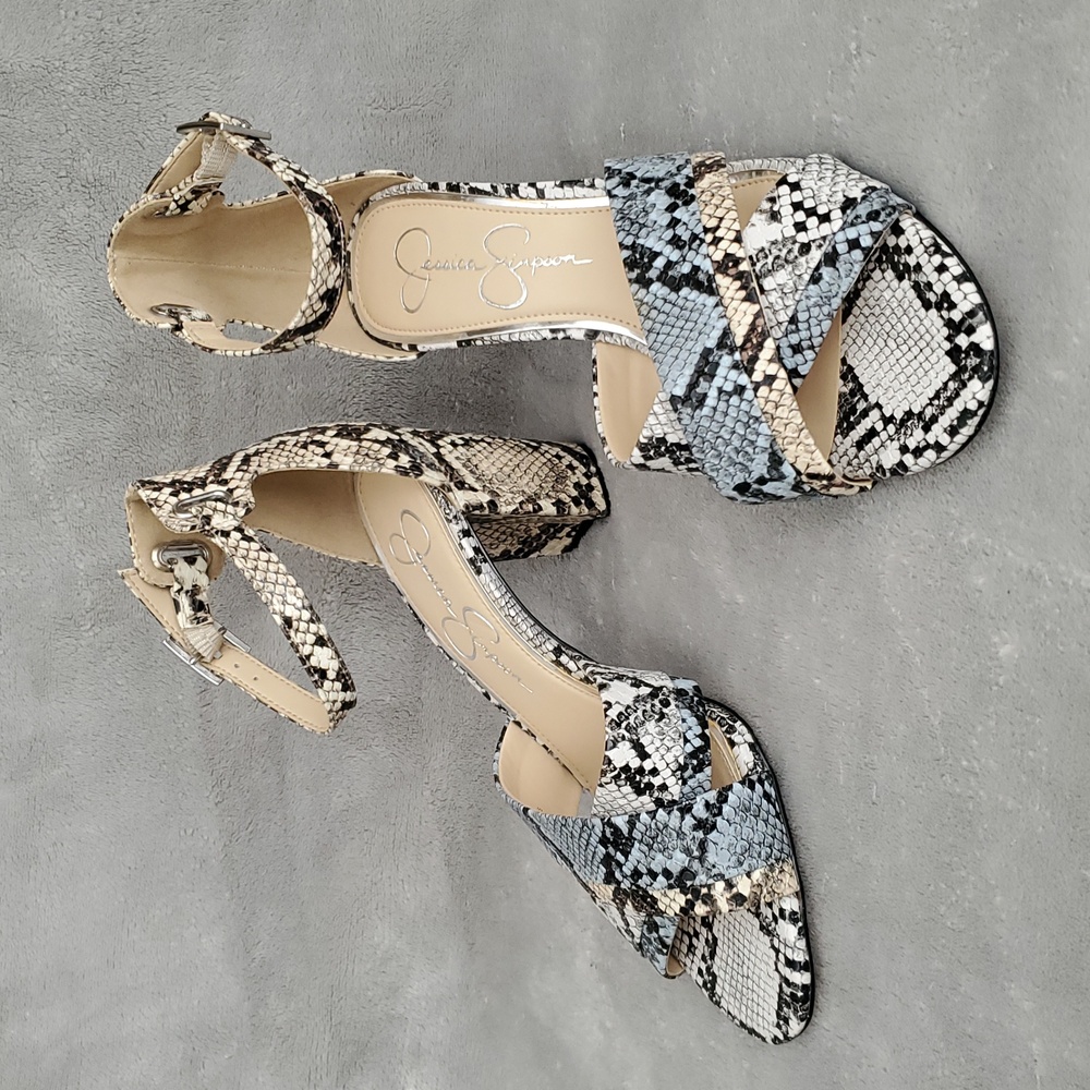 🆕️ JESSICA SIMPSON Maudrie Snakeskin Multicolor Block Heel Sandals SIZE: 7½"